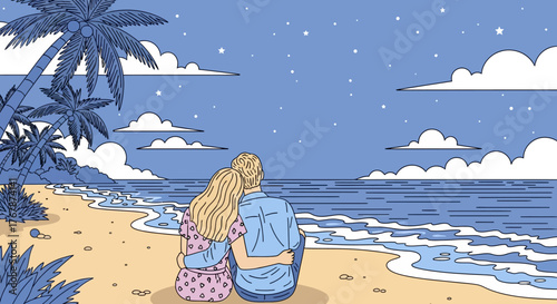 A romantic couple sitting together on a sandy beach at night.