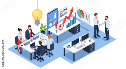 Business Team Collaboration and Data Analysis in Modern Office.