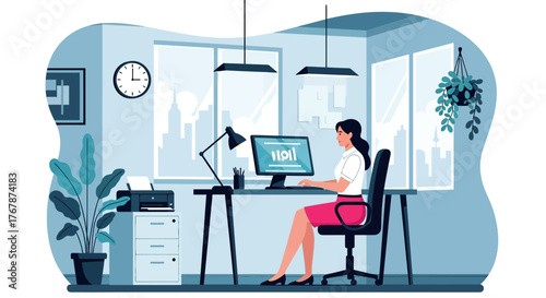 Businesswoman working on a computer at her modern office desk.