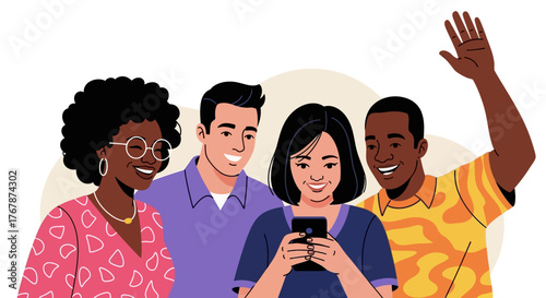 Diverse group of friends sharing a moment looking at a smartphone.