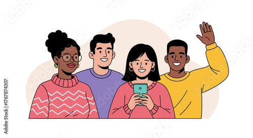 Diverse group of friends smiling and waving together in unity.