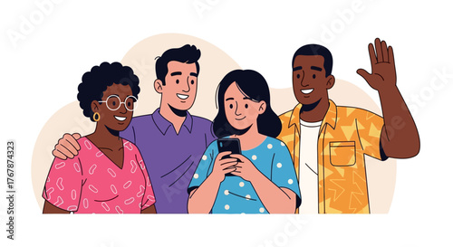 Diverse Group of Friends Socializing and Waving.