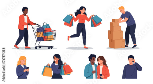 Diverse group of people engaged in various shopping and consumer activities.