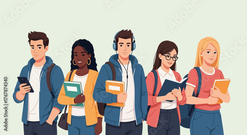 Diverse group of students engrossed in their studies and technology.