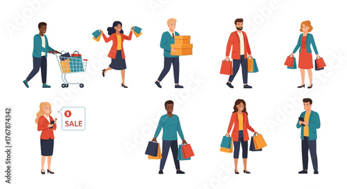 Diverse Group of Shoppers with Shopping Bags and Carts.