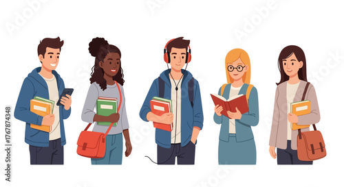 Diverse group of students carrying books and studying together.