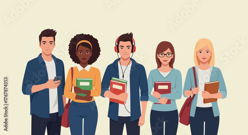 Diverse group of young college students standing together with books.