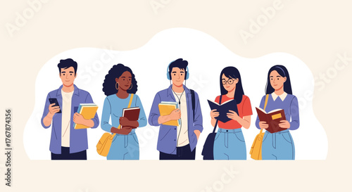 Diverse group of students reading and studying together, focused on education.