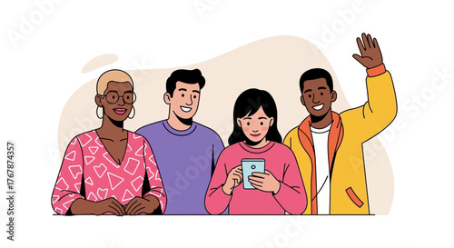 Diverse group of young adults standing together smiling and interacting.