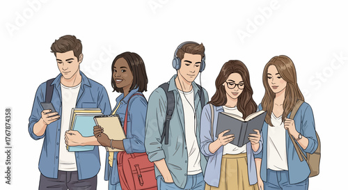 Diverse group of young college students standing together, engaged in various activities.