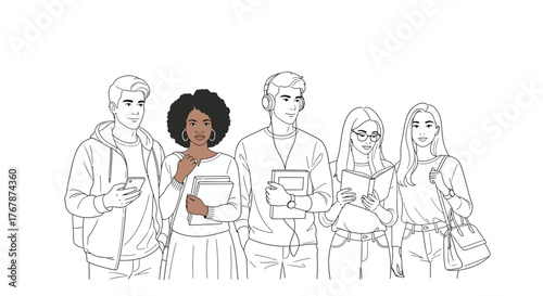 Diverse group of young adults standing together, line art illustration.