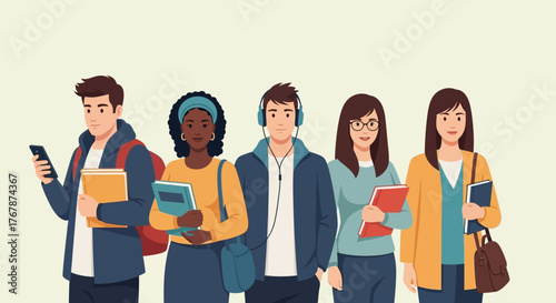 Diverse group of young students holding books and phones.