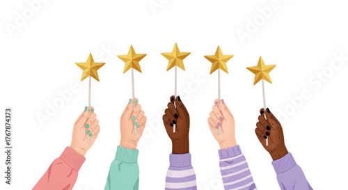 Diverse Hands Holding Golden Stars Showing Customer Satisfaction and Quality.