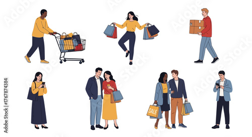 Diverse Shoppers Enjoying Retail Therapy and Carrying Shopping Bags.