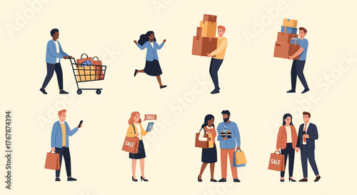 Diverse Shoppers with Purchases and Shopping Bags Illustration.