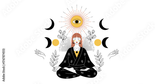 Meditating Woman with Celestial Elements - A Spiritual Journey.