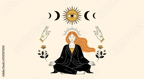 Meditating Woman with Celestial Symbols - A Journey of Inner Peace and Spiritual Connection.