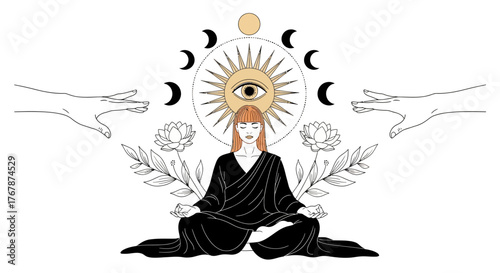 Mystical Woman Meditating with Celestial and Floral Elements.