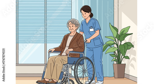 Nurse assisting elderly woman in wheelchair with care and compassion.