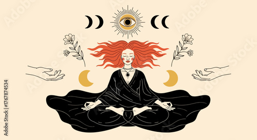 Mystical Woman Meditating with Cosmic and Botanical Elements.