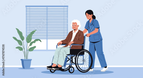 Nurse Pushing Elderly Man in Wheelchair Inside Care Facility.