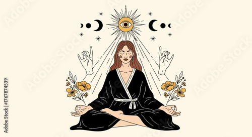 Meditating Woman with Celestial Symbols and Floral Accents.