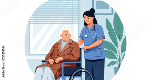 Nurse Assisting Elderly Man in Wheelchair - Compassionate Healthcare Illustration.