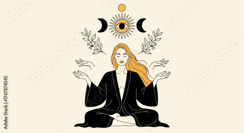 Mystical woman meditating under celestial sun and moon symbols.