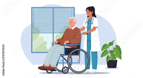 Nurse pushing elderly man in wheelchair for care and support.