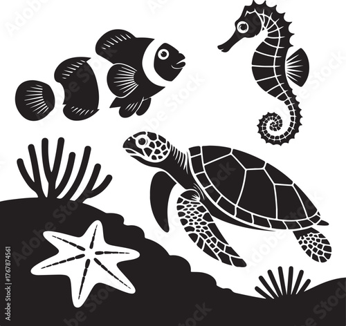 Black and white illustration of clownfish seahorse turtle starfish and coral