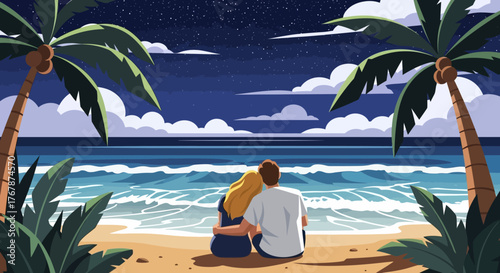 Romantic couple sitting together on a sandy beach at night.