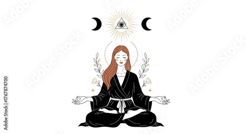 Woman meditating in lotus pose with spiritual symbols above her head.