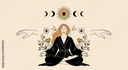 Woman meditating in lotus position surrounded by floral elements and celestial symbols.