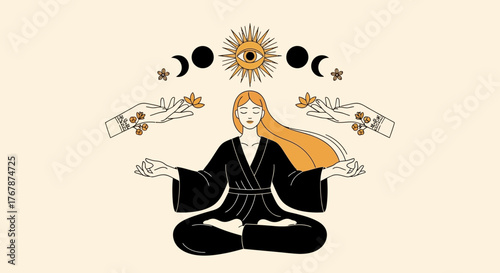 Woman Meditating with Celestial Symbols - A Spiritual Journey.