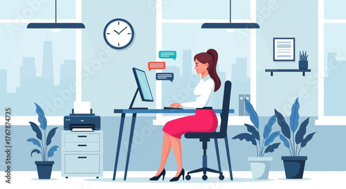 Woman working at desk in office with computer and printer.