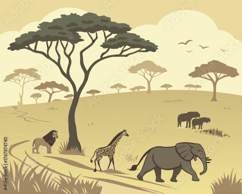Wild safari scene with exotic animals and savanna landscape.