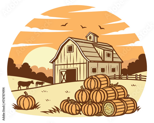 Vintage Farm Scene Rustic drawing depicting an old barn, farm animals, bales of hay, and stacks of freshly picked pumpkins