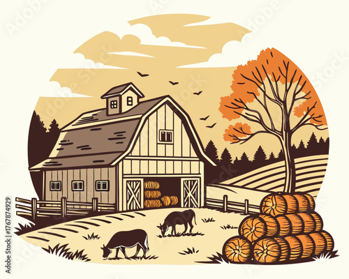 Vintage Farm Scene Rustic drawing depicting an old barn, farm animals, bales of hay, and stacks of freshly picked pumpkins