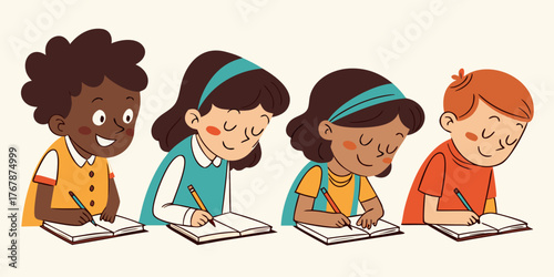 diverse children studying illustration classroom learning students writing homework education schoolwork concentration multicultural kids academic activity focused