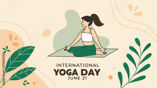 international yoga day illustration woman meditation pose botanical leaves peaceful minimalist design calm wellness background