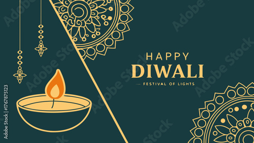 happy diwali festival of lights greeting card elegant golden diya mandala patterns dark teal background luxury design