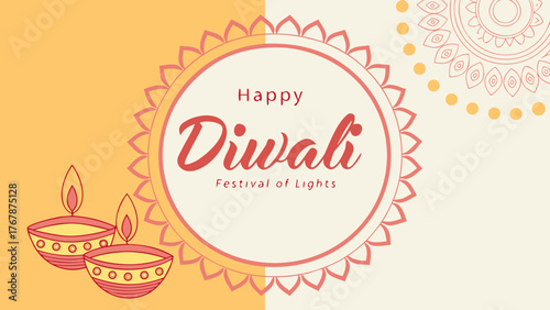 happy diwali festival of light greeting card with traditional diya lamps mandala patterns orange red design