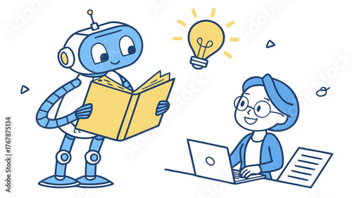 robot and human learning collaboration illustration ai education technology lightbulb idea concept blue yellow line art illustration design.