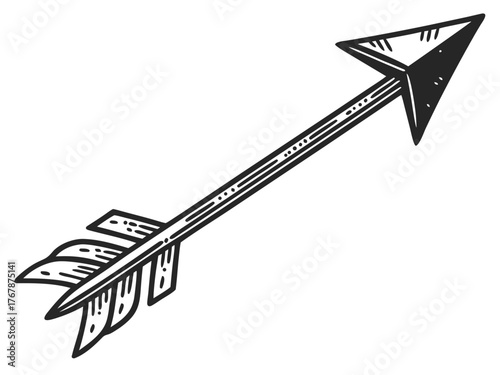 hand drawn rustic arrow pointing up right with feathers fletching black ink sketch vintage style illustration design.