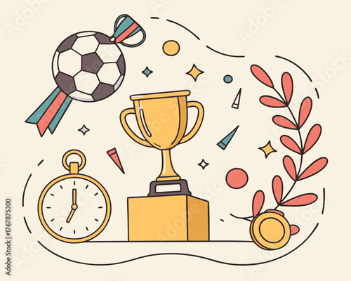 Sports competition illustration showing a golden trophy on a pedestal, laurel wreath, shining confetti, stopwatch, soccer ball, whistle, and medal icons,