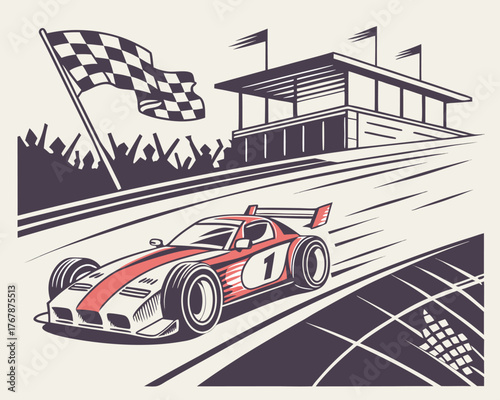 Racing car on a track with dynamic speed lines, checkered flags, tire smoke, and a cheering crowd in the stadium seats.