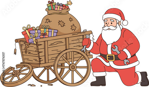 Santa Claus fixing his broken cart full of gifts and presents, ready for Christmas Eve delivery