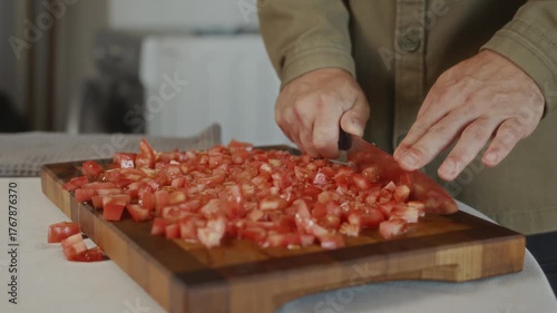 Close-up of chopped tomatoes on wooden board in tidy kitchen. Simple and cozy cooking moment that reflects minimalist lifestyle and harmony at home. High quality 4k footage