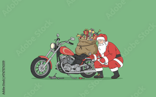 Santa Claus in his red suit works on his custom motorcycle, loaded with a large sack of colorful Christmas gifts, preparing for swift holiday delivery