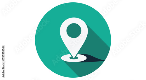 Simple white map pin icon on a teal circle with a long shadow, representing location or navigation.